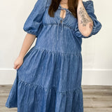 Denim Tiered Midi Dress-dress- Hometown Style HTS, women's in store and online boutique located in Ingersoll, Ontario