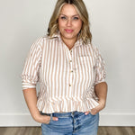 Stripe Button Down with Ruffle - Taupe-Tops- Hometown Style HTS, women's in store and online boutique located in Ingersoll, Ontario