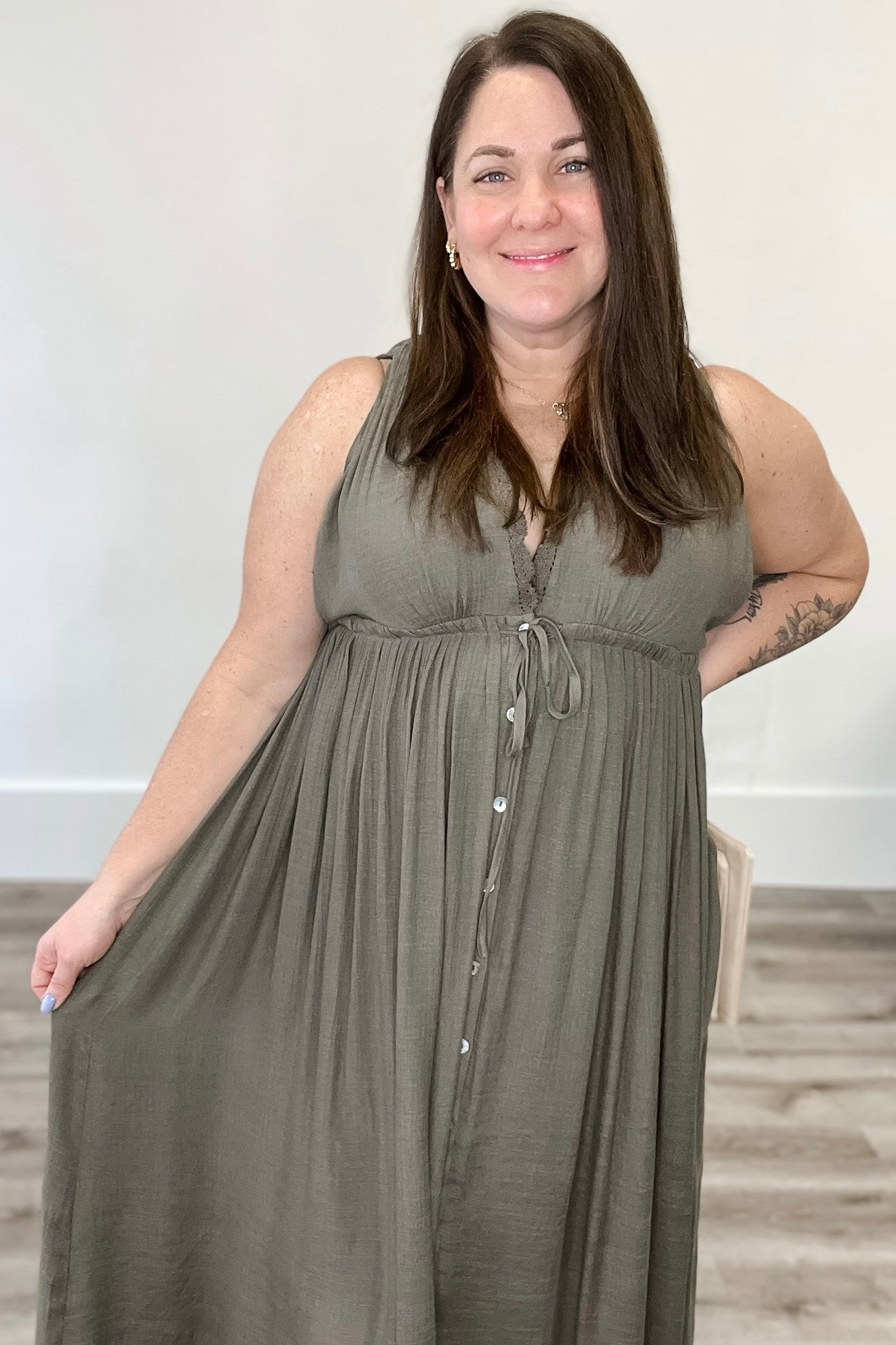 Deep V Neckline Maxi Dress - Olive-dress- Hometown Style HTS, women's in store and online boutique located in Ingersoll, Ontario