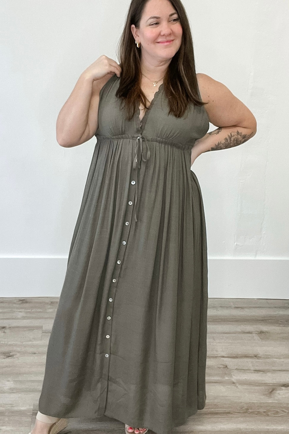 Deep V Neckline Maxi Dress - Olive-dress- Hometown Style HTS, women's in store and online boutique located in Ingersoll, Ontario