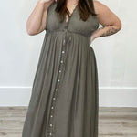 Deep V Neckline Maxi Dress - Olive-dress- Hometown Style HTS, women's in store and online boutique located in Ingersoll, Ontario