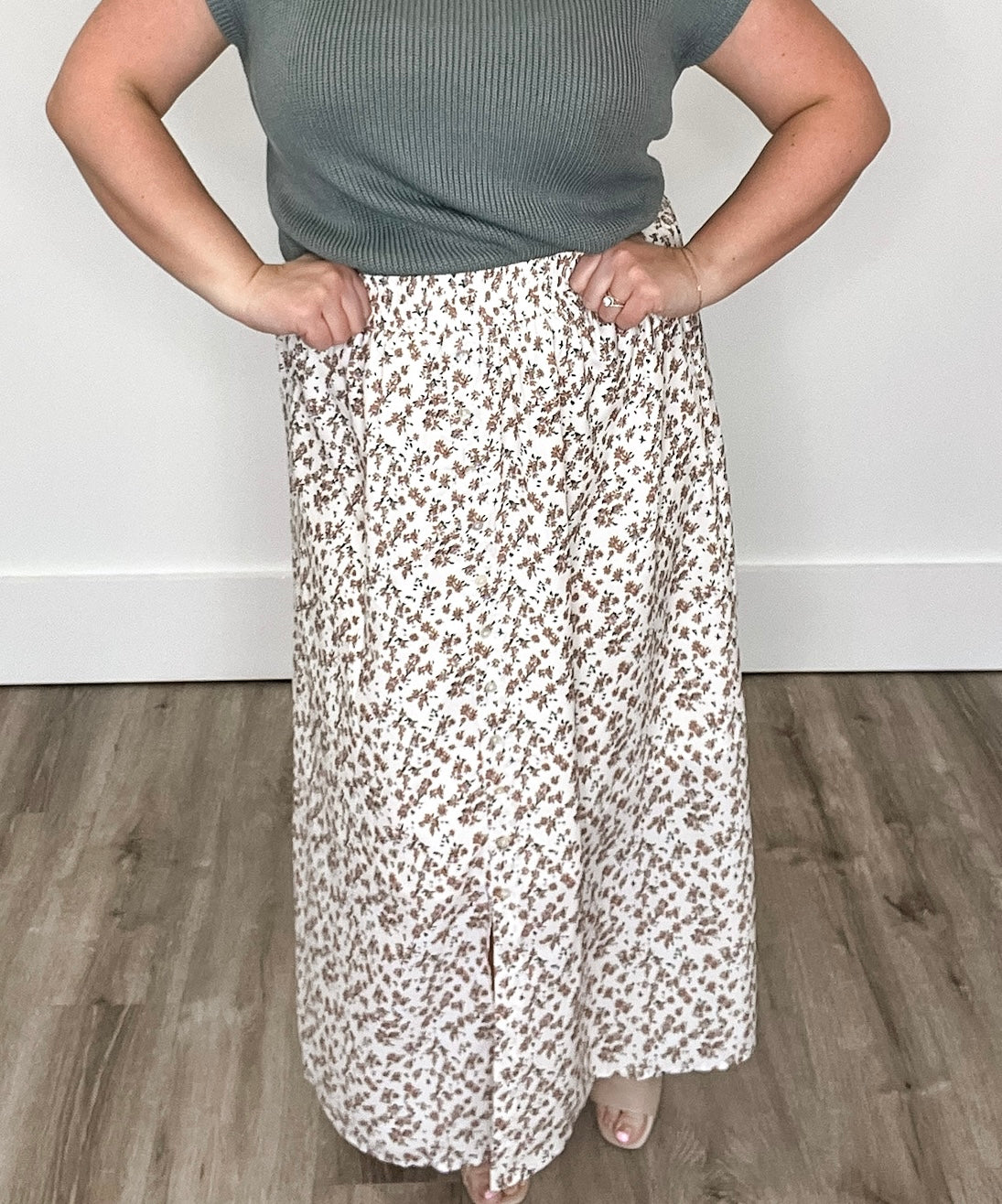Floral Buttoned Midi Skirt - Cream-skirt- Hometown Style HTS, women's in store and online boutique located in Ingersoll, Ontario