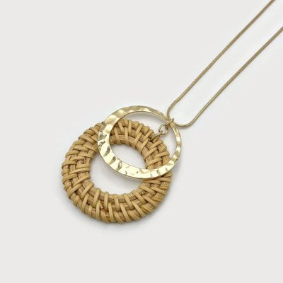 Rafia and Hammered Metal Pendant on Chain-Accessories- Hometown Style HTS, women's in store and online boutique located in Ingersoll, Ontario