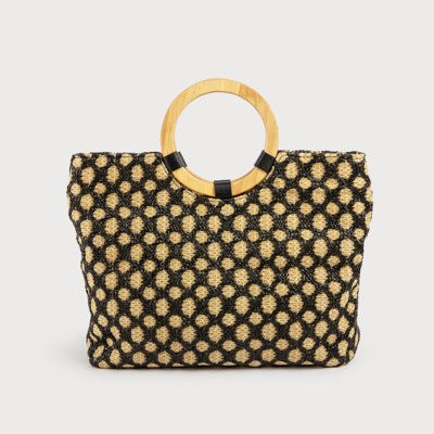 Rafia Bag with Circle Wood Handle Zip Closure-purse- Hometown Style HTS, women's in store and online boutique located in Ingersoll, Ontario