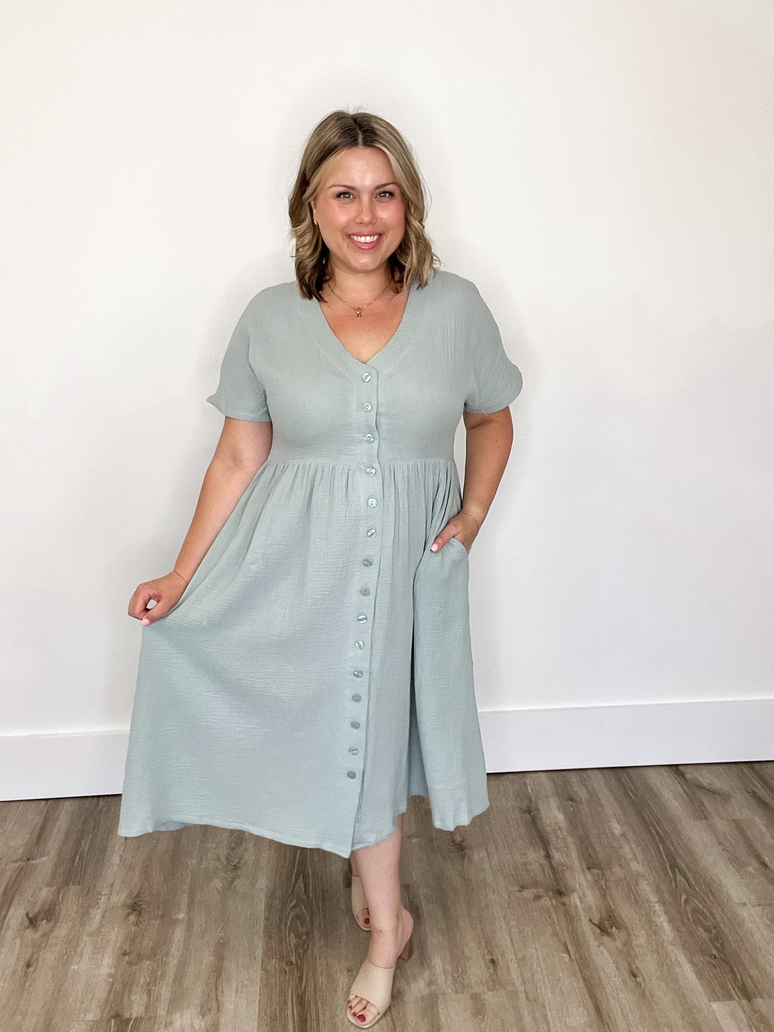 Cotton Button Down Midi Dress - Misty Blue-dress- Hometown Style HTS, women's in store and online boutique located in Ingersoll, Ontario