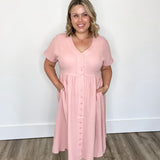 Cotton Button Down Midi Dress - Pink-dress- Hometown Style HTS, women's in store and online boutique located in Ingersoll, Ontario