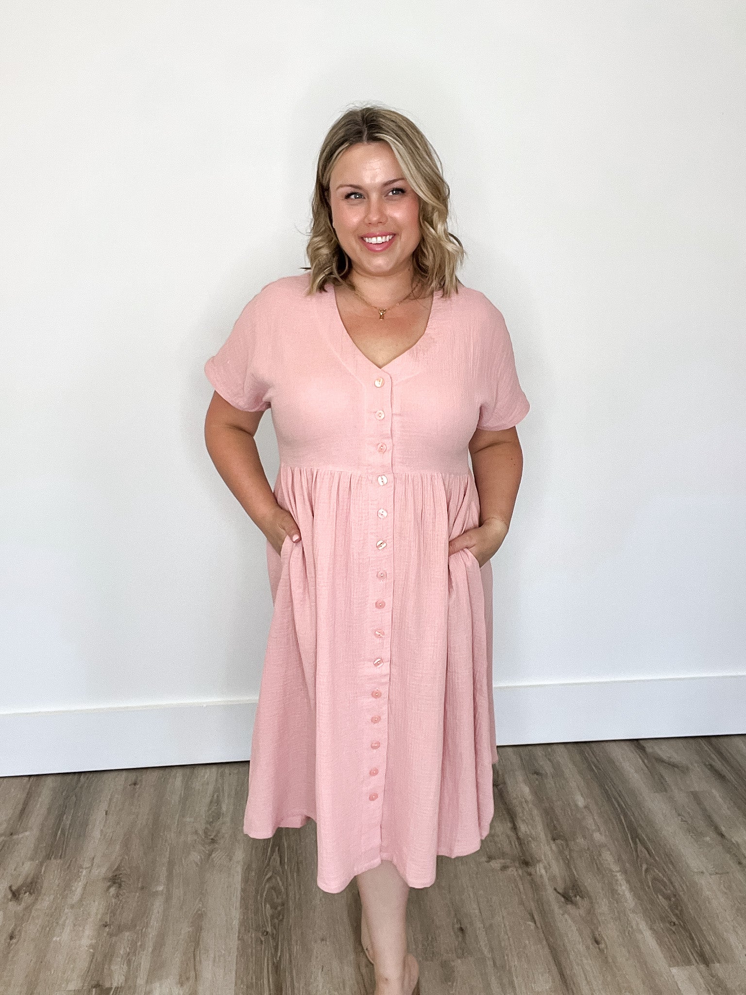 Cotton Button Down Midi Dress - Pink-dress- Hometown Style HTS, women's in store and online boutique located in Ingersoll, Ontario