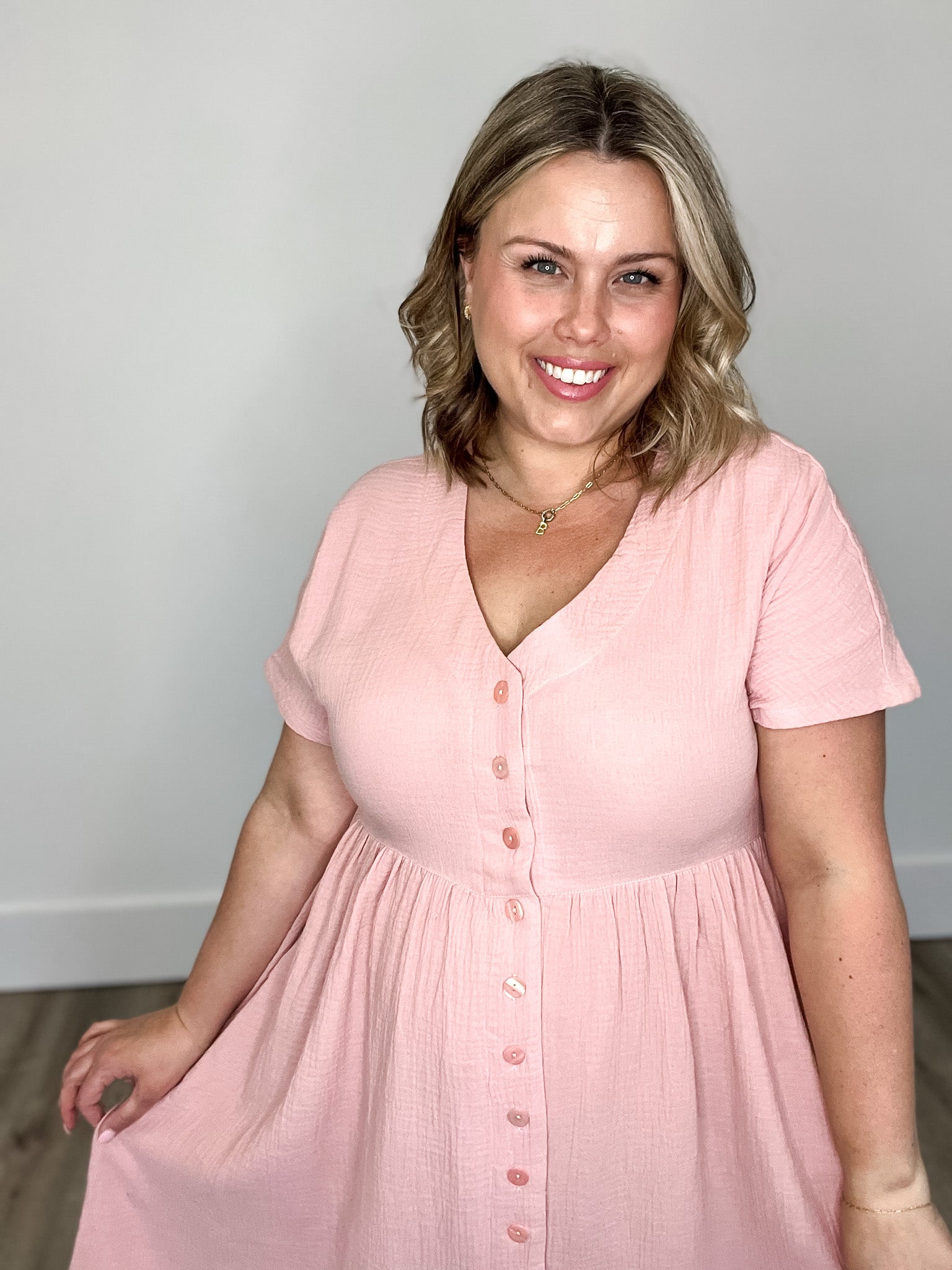 Cotton Button Down Midi Dress - Pink-dress- Hometown Style HTS, women's in store and online boutique located in Ingersoll, Ontario
