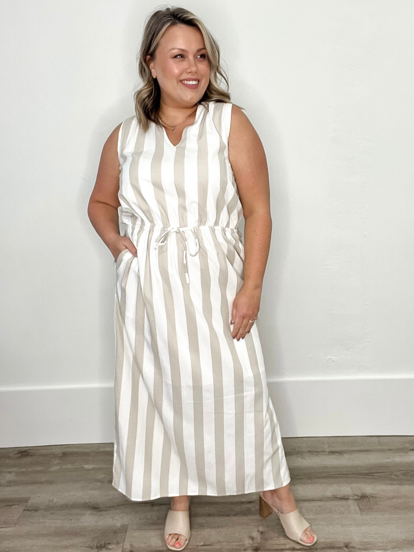 Striped Maxi Dress with Drawstring-Casual Dresses- Hometown Style HTS, women's in store and online boutique located in Ingersoll, Ontario