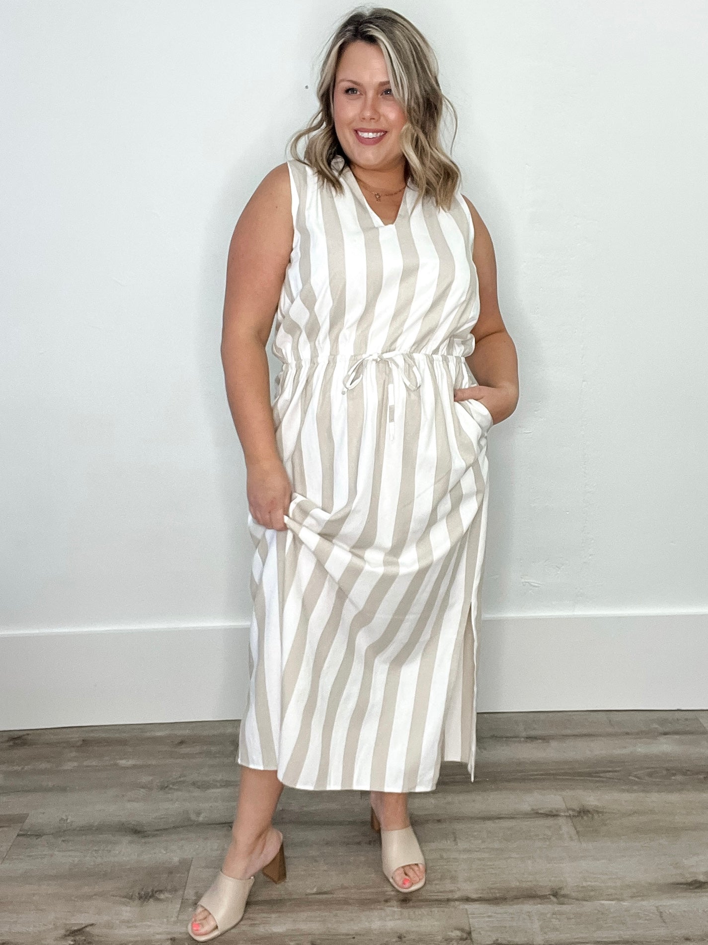 Striped Maxi Dress with Drawstring-Casual Dresses- Hometown Style HTS, women's in store and online boutique located in Ingersoll, Ontario