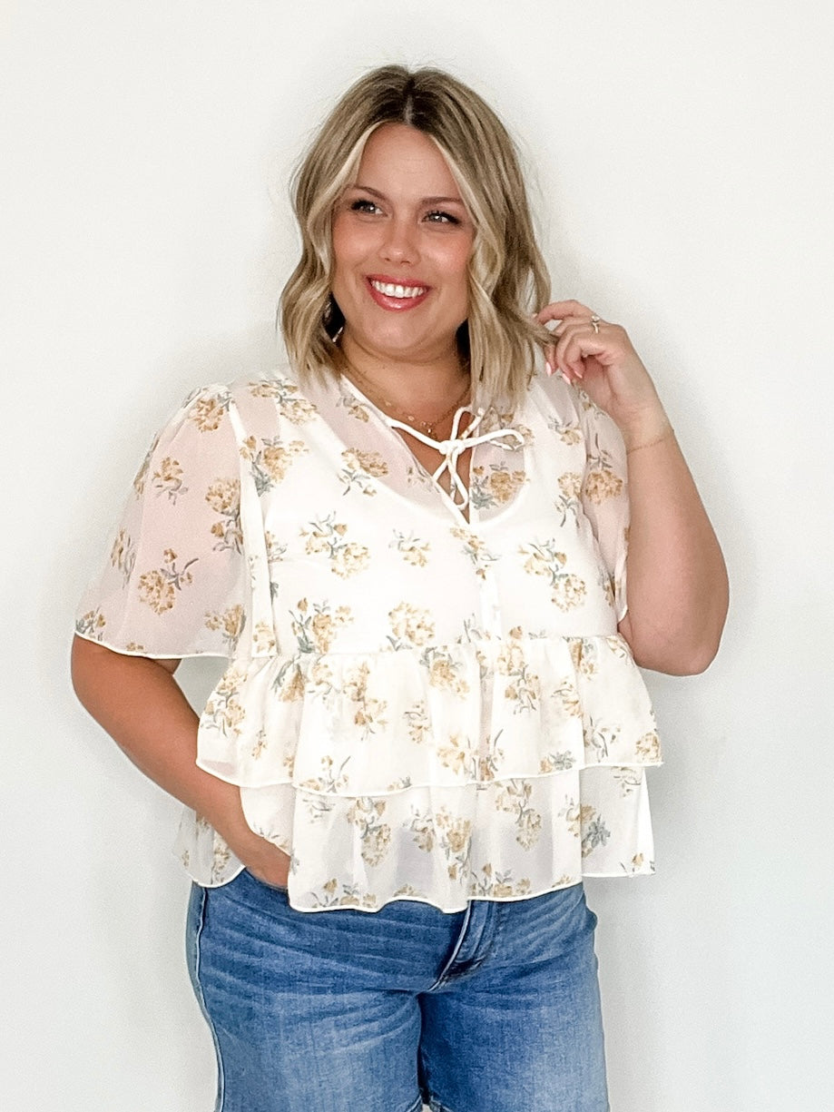 Floral Chiffon Tiered Blouse - Golden-blouse- Hometown Style HTS, women's in store and online boutique located in Ingersoll, Ontario