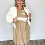 Striped Mini Sweater Tank Dress - Taupe/White-dress- Hometown Style HTS, women's in store and online boutique located in Ingersoll, Ontario