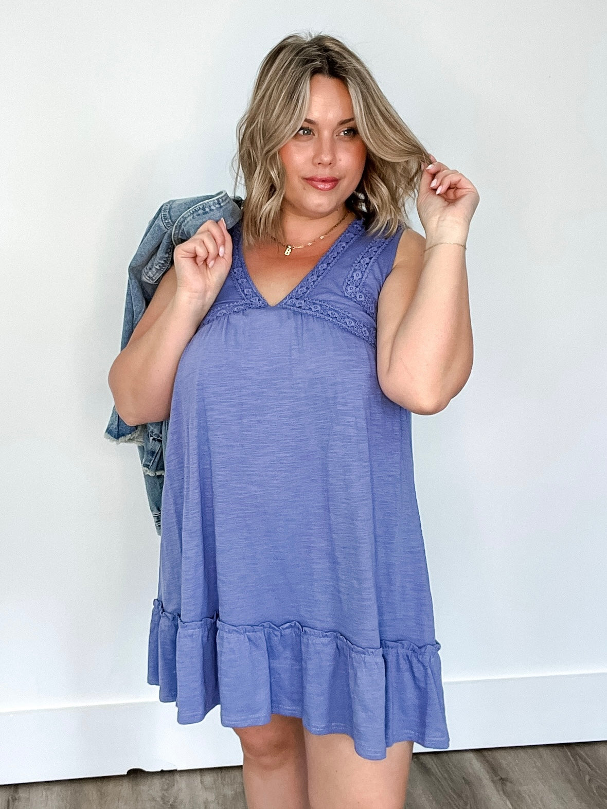V-Neck Mini Dress - Blue-dress- Hometown Style HTS, women's in store and online boutique located in Ingersoll, Ontario