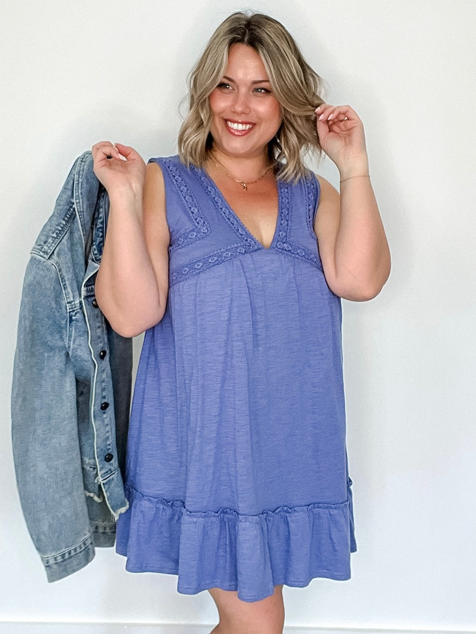 V-Neck Mini Dress - Blue-dress- Hometown Style HTS, women's in store and online boutique located in Ingersoll, Ontario
