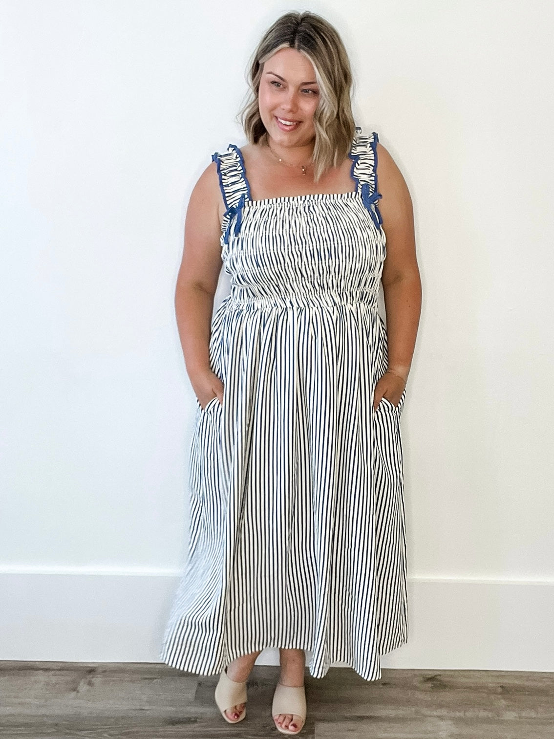 Woven Striped Midi Dress - Blue-Sp- Hometown Style HTS, women's in store and online boutique located in Ingersoll, Ontario