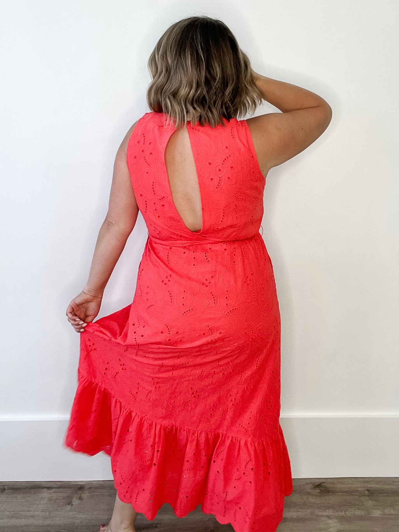 V-Neck Eyelet Midi Dress with Waist Belt -Coral-dress- Hometown Style HTS, women's in store and online boutique located in Ingersoll, Ontario
