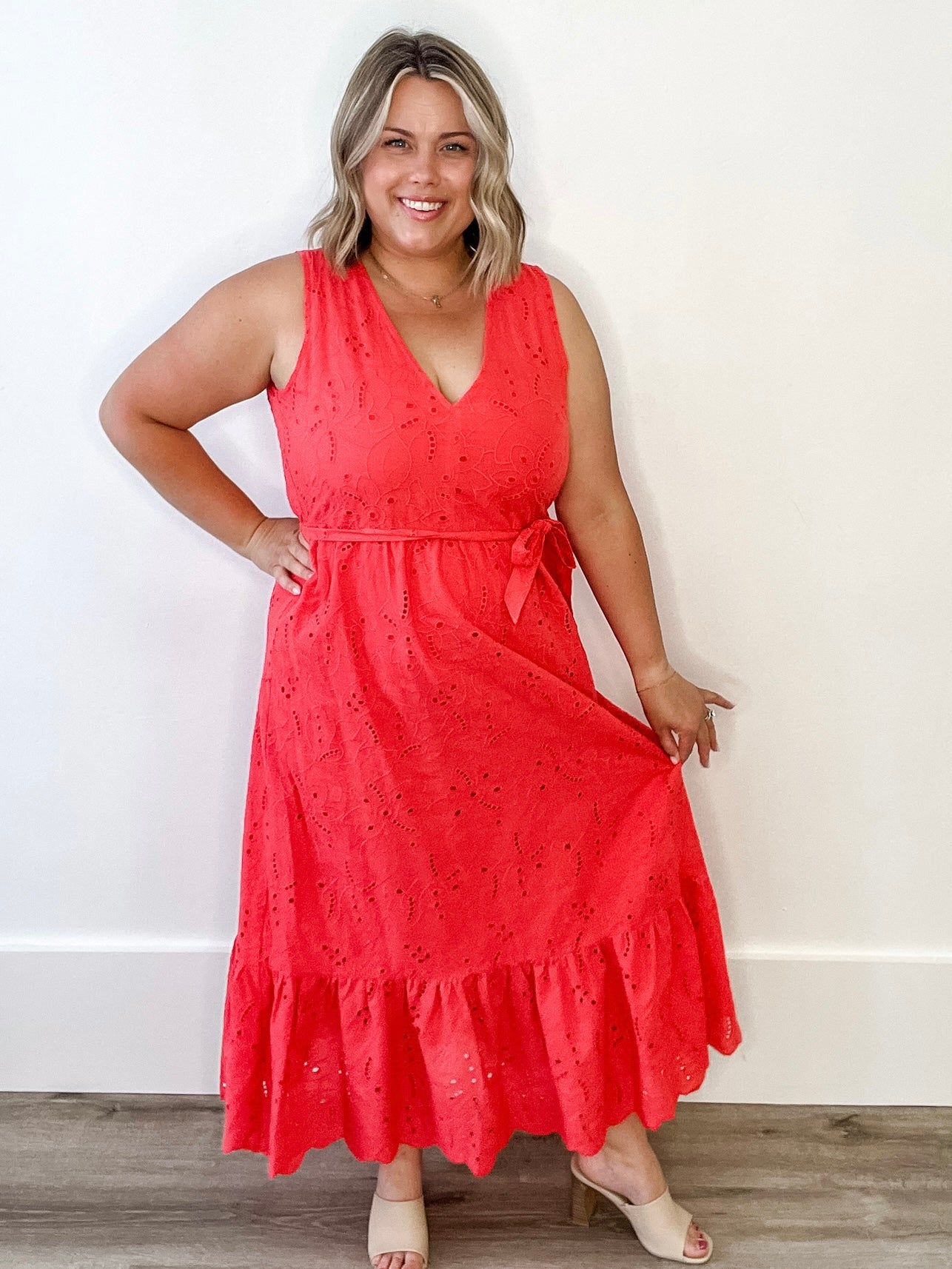 V-Neck Eyelet Midi Dress with Waist Belt -Coral-dress- Hometown Style HTS, women's in store and online boutique located in Ingersoll, Ontario