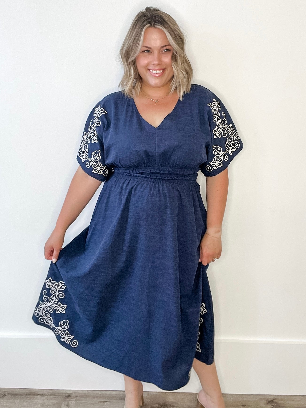 Kimono Sleeve Embroidered Midi Dress - Navy-Dress- Hometown Style HTS, women's in store and online boutique located in Ingersoll, Ontario