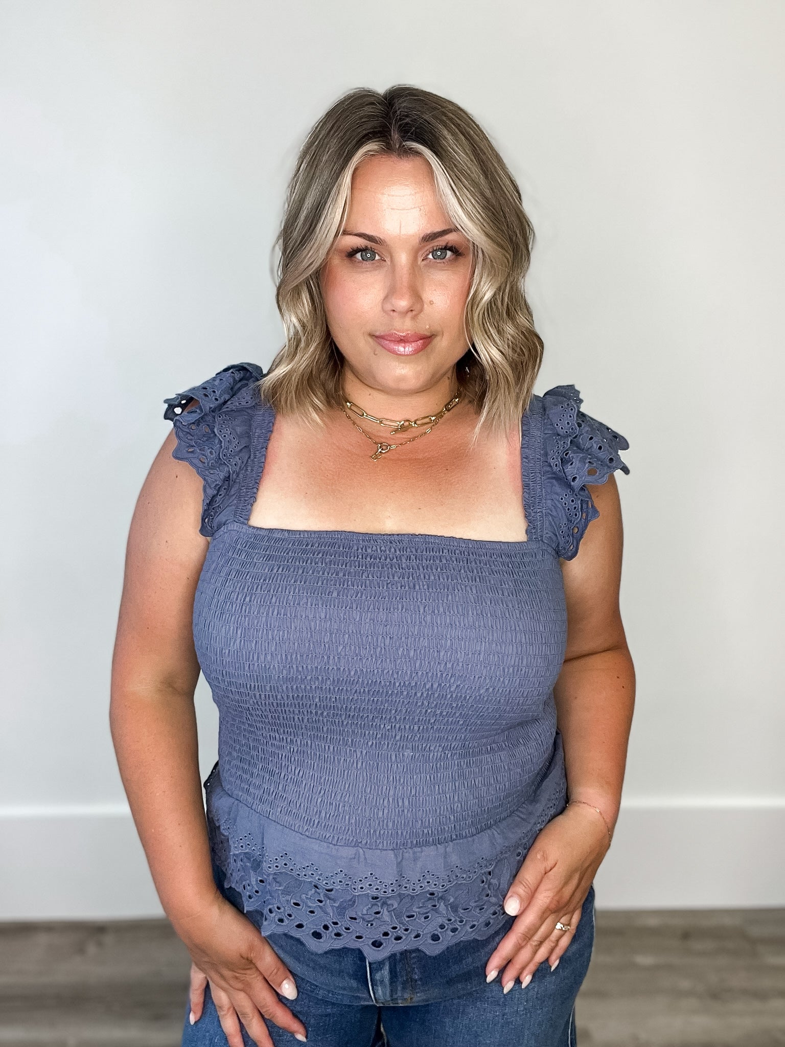 Smocked Scallop Lace Ruffle Top - Blue-tank- Hometown Style HTS, women's in store and online boutique located in Ingersoll, Ontario