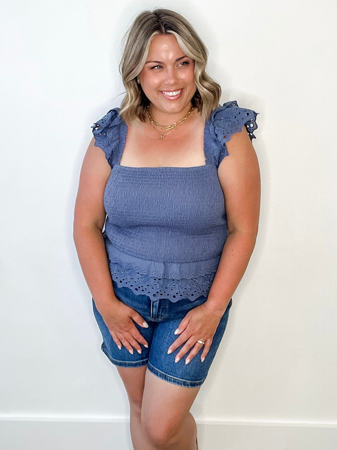 Smocked Scallop Lace Ruffle Top - Blue-tank- Hometown Style HTS, women's in store and online boutique located in Ingersoll, Ontario