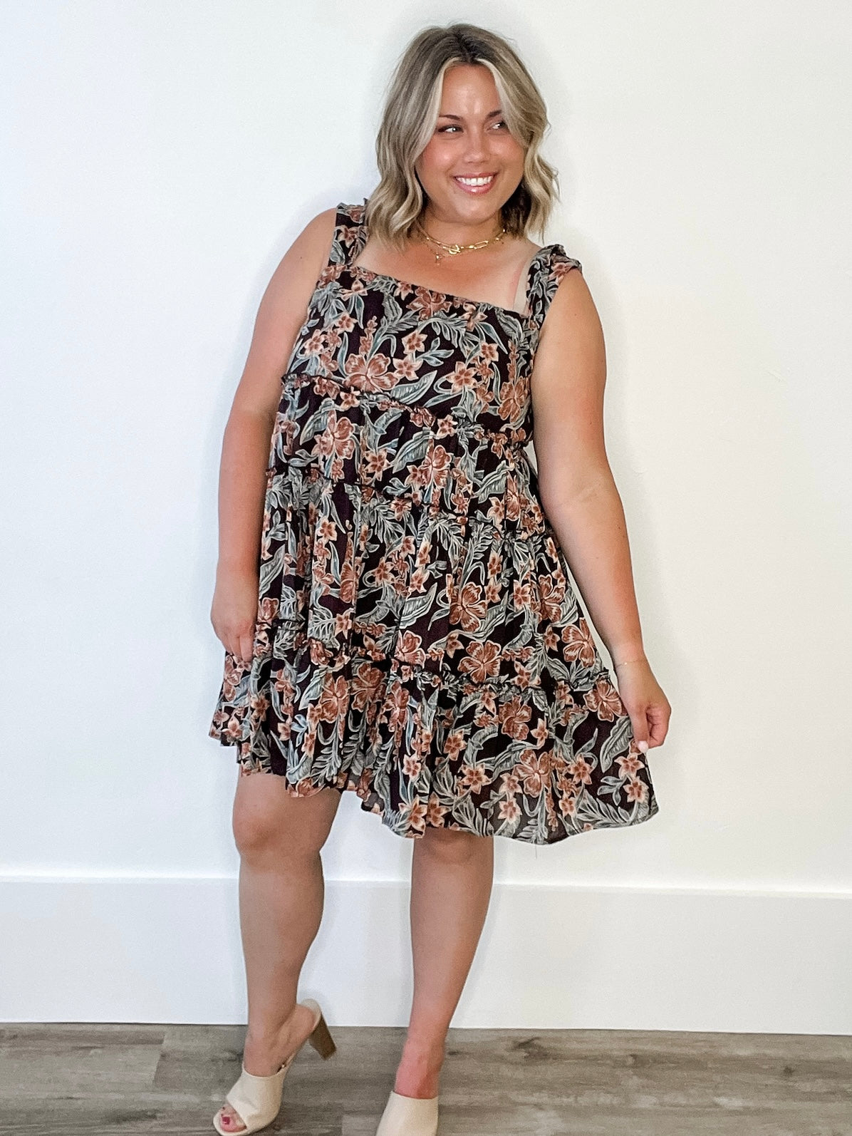 Floral Tiered Mini Dress - Espresso-dress- Hometown Style HTS, women's in store and online boutique located in Ingersoll, Ontario