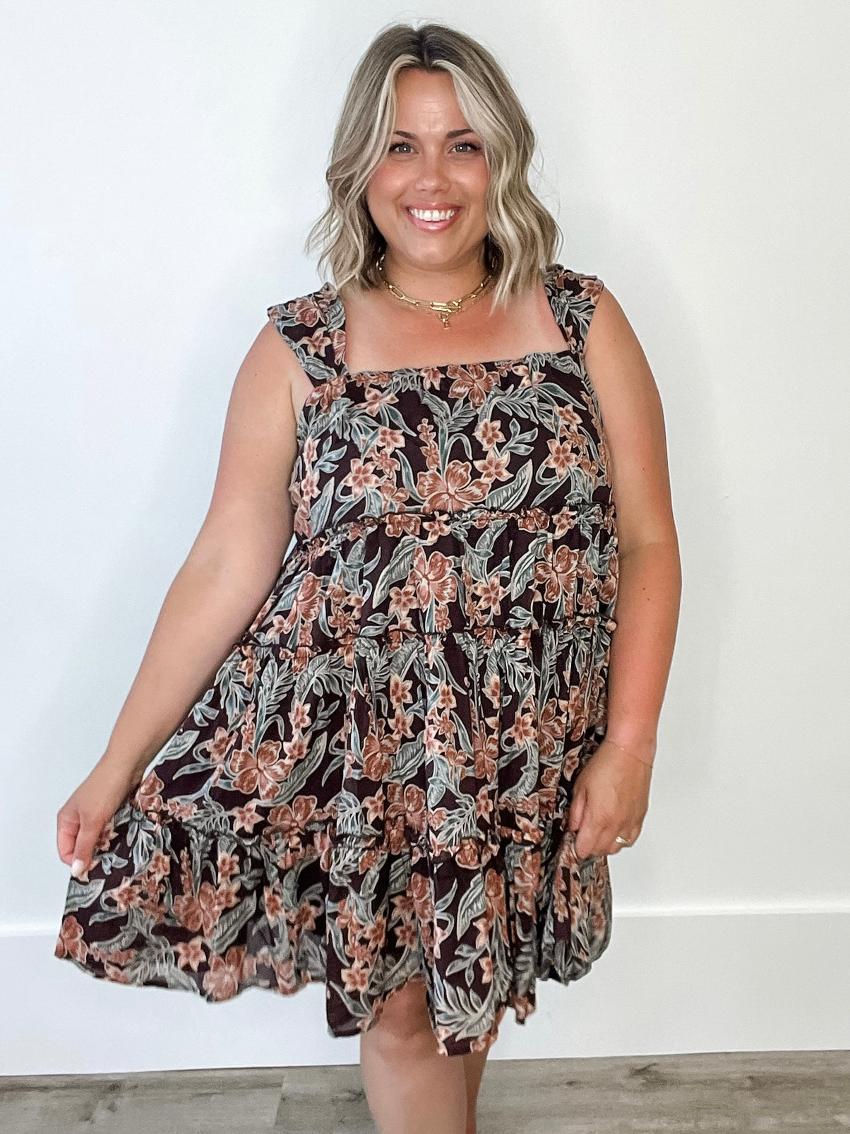 Floral Tiered Mini Dress - Espresso-dress- Hometown Style HTS, women's in store and online boutique located in Ingersoll, Ontario
