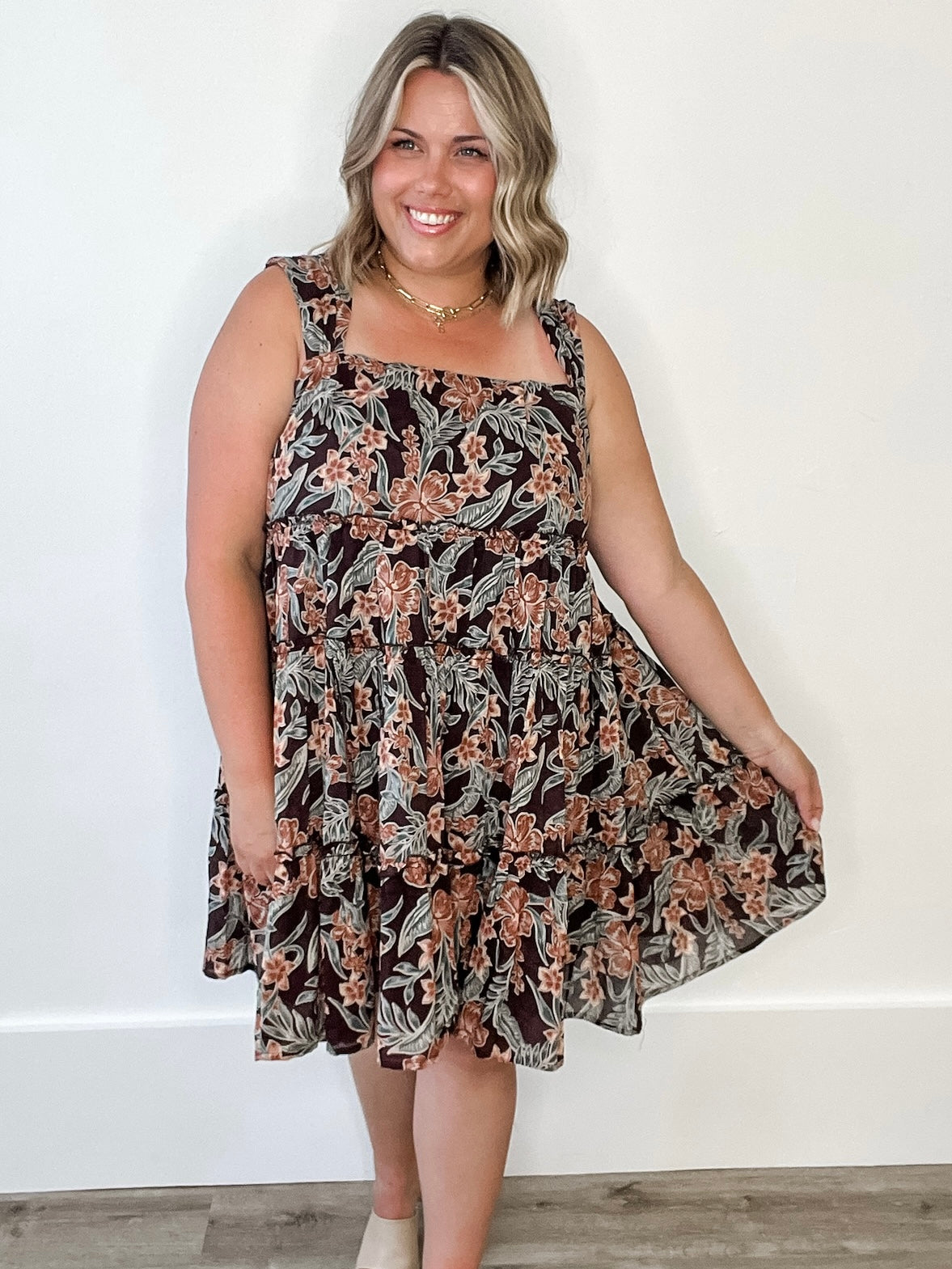 Floral Tiered Mini Dress - Espresso-dress- Hometown Style HTS, women's in store and online boutique located in Ingersoll, Ontario