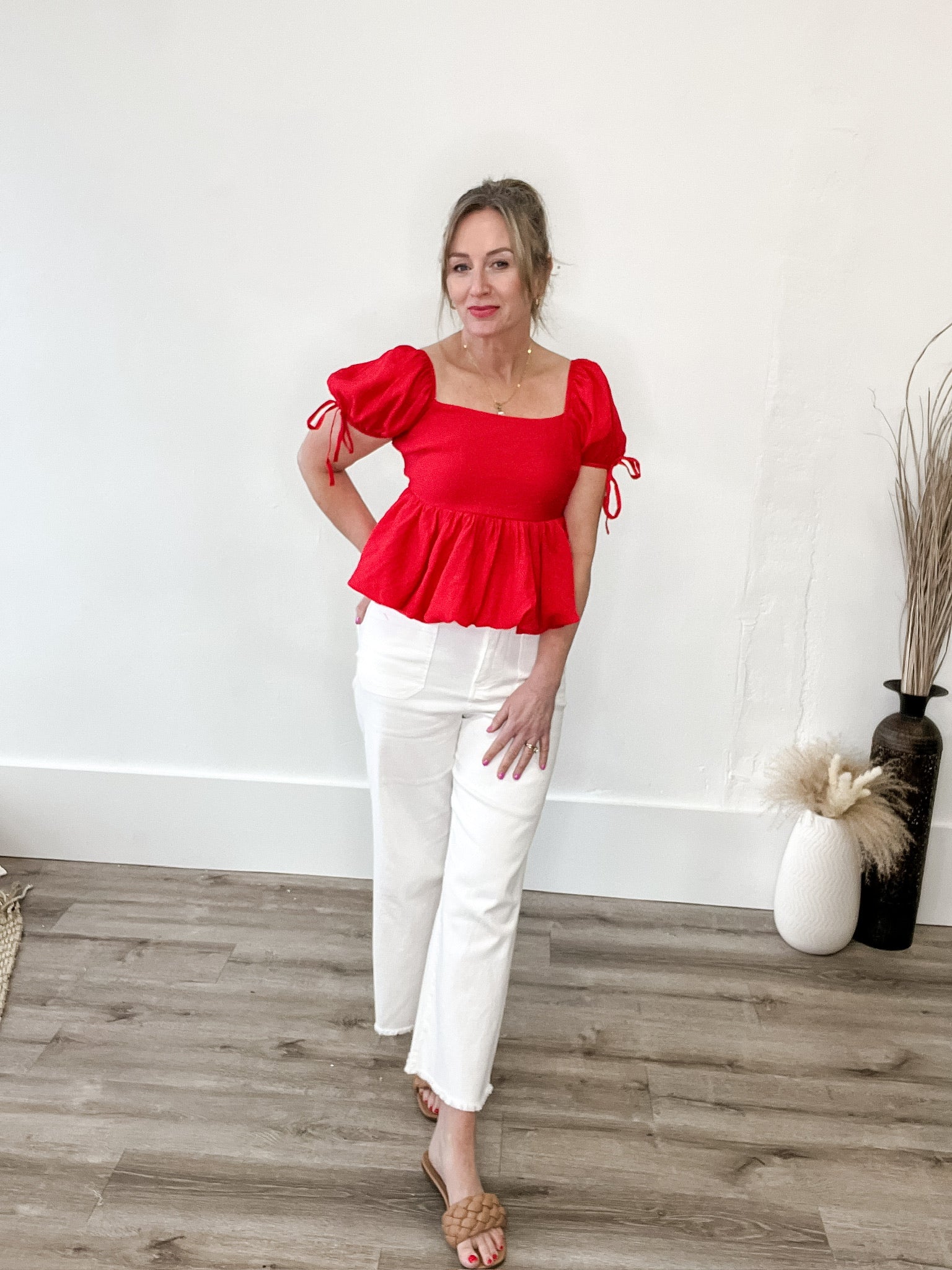 Flowy Puff Sleeve Top - Red-Tops- Hometown Style HTS, women's in store and online boutique located in Ingersoll, Ontario