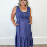 Flowy Tiered Midi Dress with Side Pockets-Slate Blue-dress- Hometown Style HTS, women's in store and online boutique located in Ingersoll, Ontario