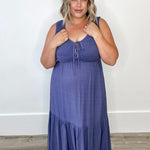 Flowy Tiered Midi Dress with Side Pockets-Slate Blue-dress- Hometown Style HTS, women's in store and online boutique located in Ingersoll, Ontario