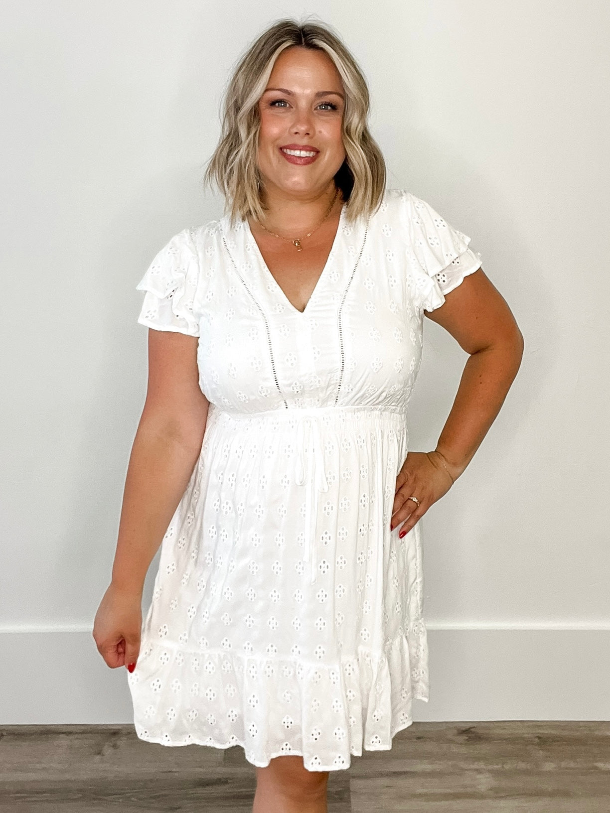 Eyelet Ruffle Sleeve V Neck High Low Mini Dress- White-dress- Hometown Style HTS, women's in store and online boutique located in Ingersoll, Ontario