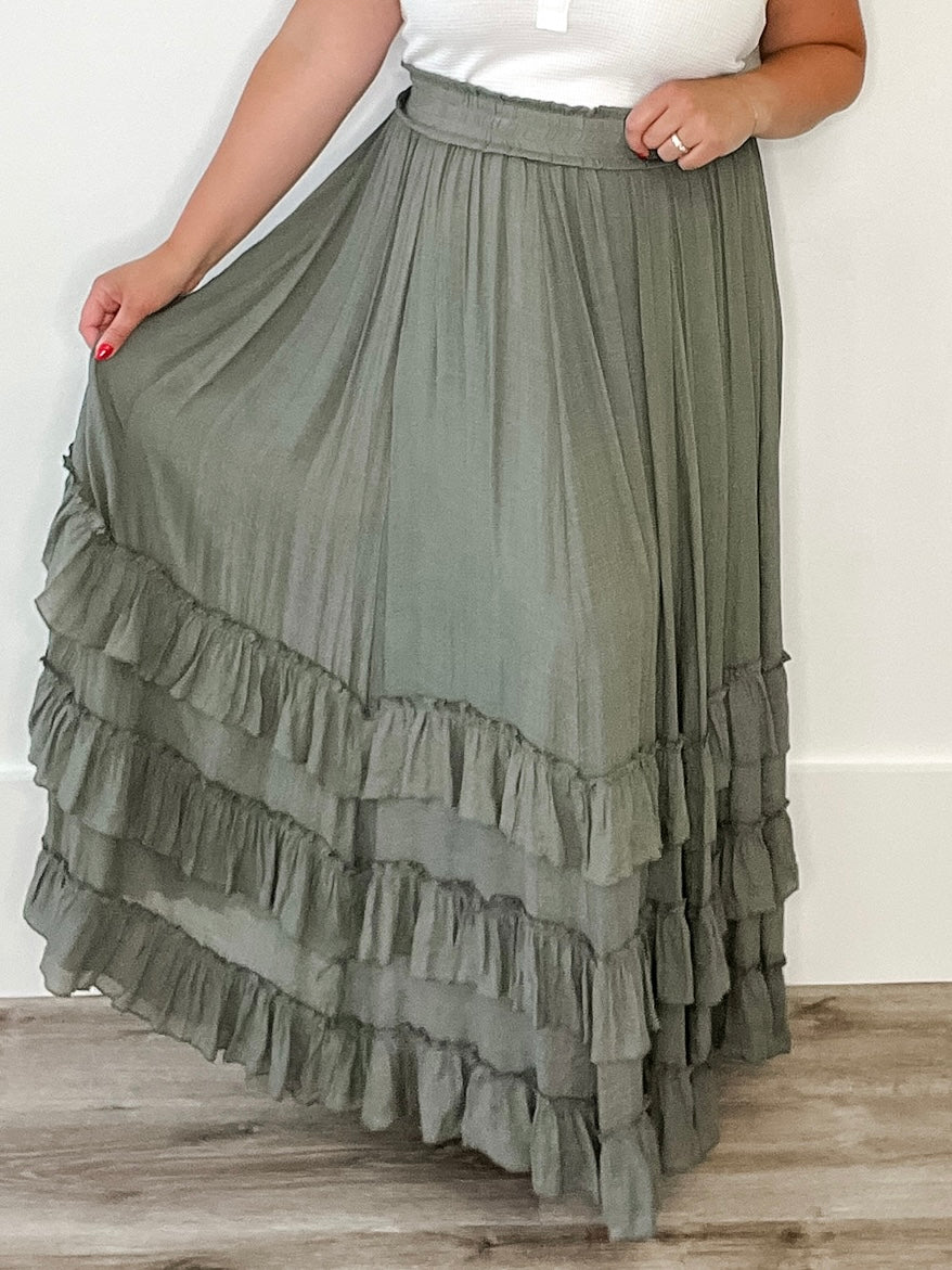 Tiered Ruffle Maxi Skirt - Olive-Skirt- Hometown Style HTS, women's in store and online boutique located in Ingersoll, Ontario