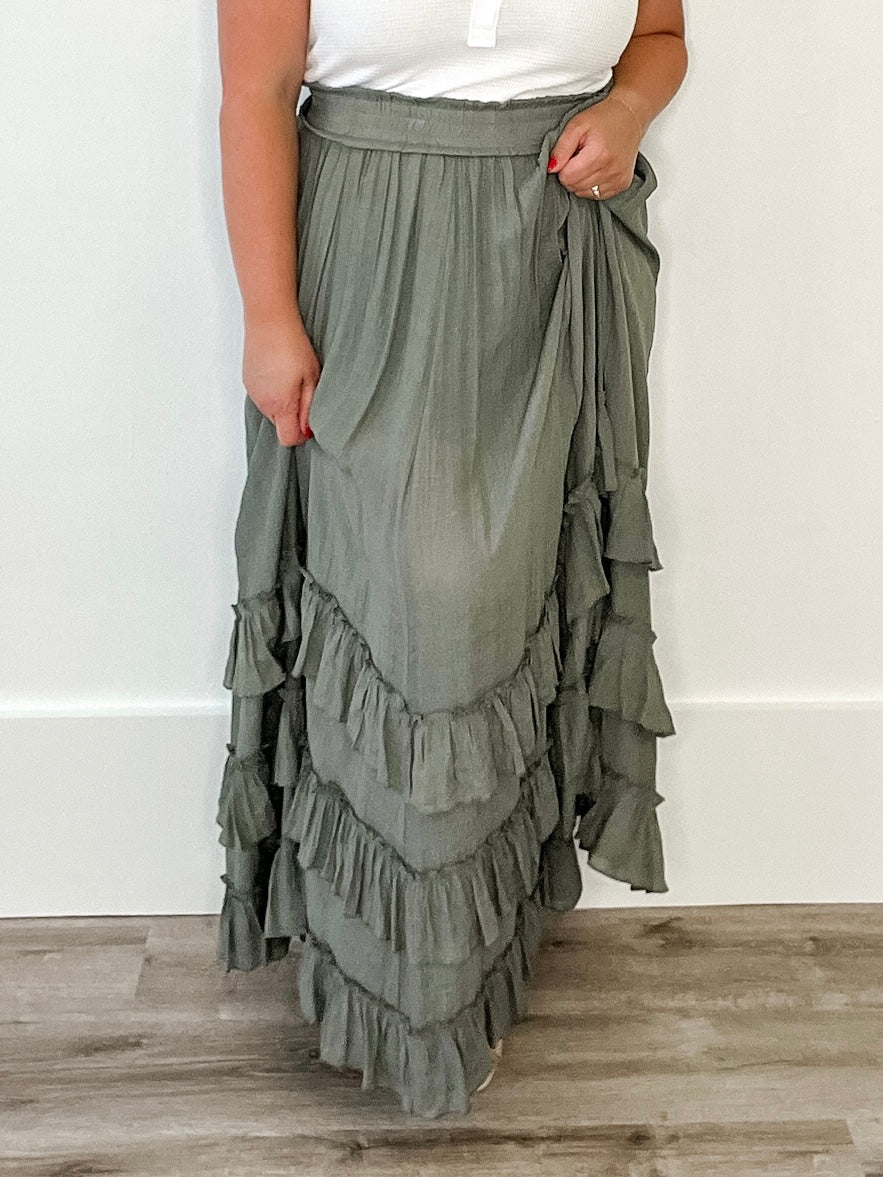 Tiered Ruffle Maxi Skirt - Olive-Skirt- Hometown Style HTS, women's in store and online boutique located in Ingersoll, Ontario
