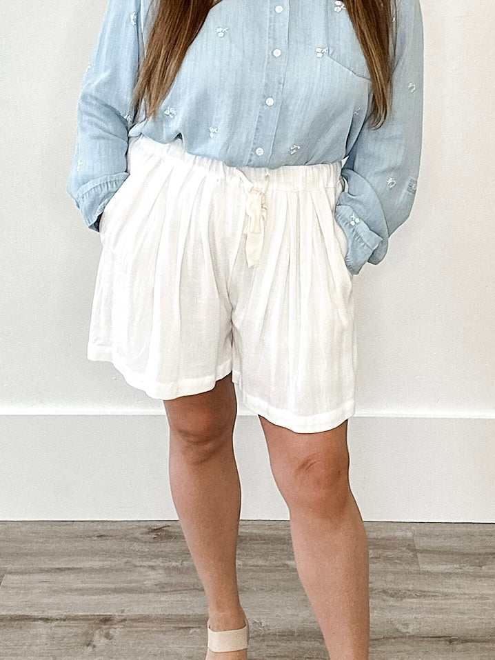 Wide Leg Shorts with Twill Drawstring - Off White-shorts- Hometown Style HTS, women's in store and online boutique located in Ingersoll, Ontario