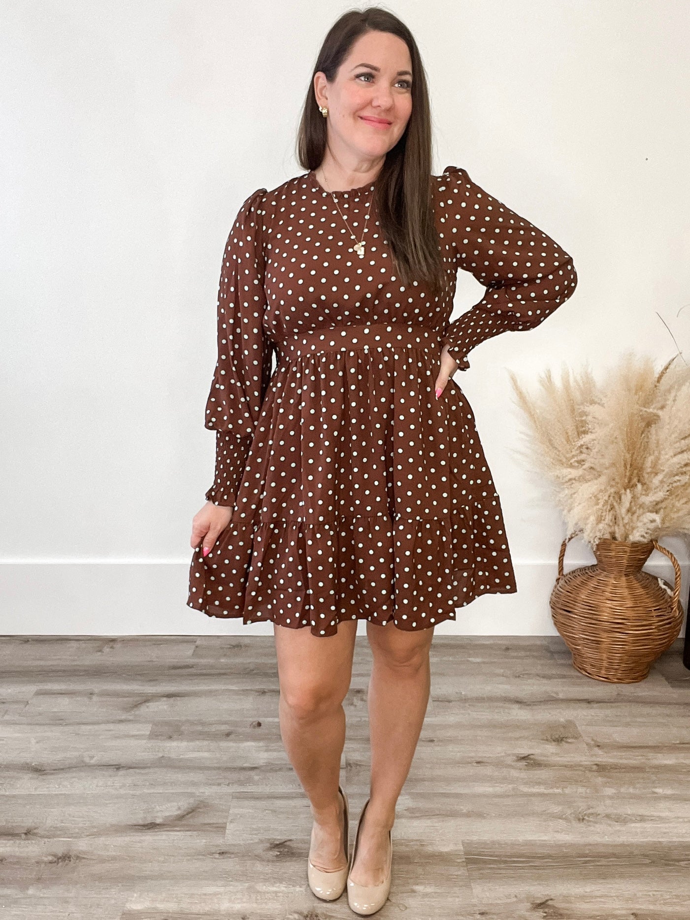 Polka Dot Ruffled Mini Dress - Brown-Special Occasion Dresses- Hometown Style HTS, women's in store and online boutique located in Ingersoll, Ontario