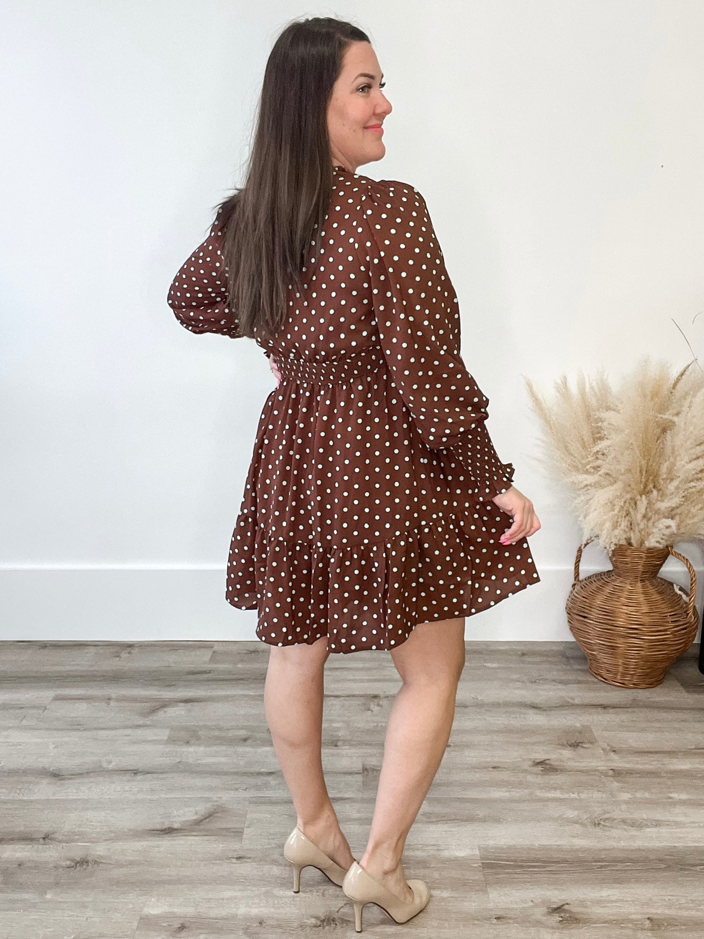 Polka Dot Ruffled Mini Dress - Brown-Special Occasion Dresses- Hometown Style HTS, women's in store and online boutique located in Ingersoll, Ontario