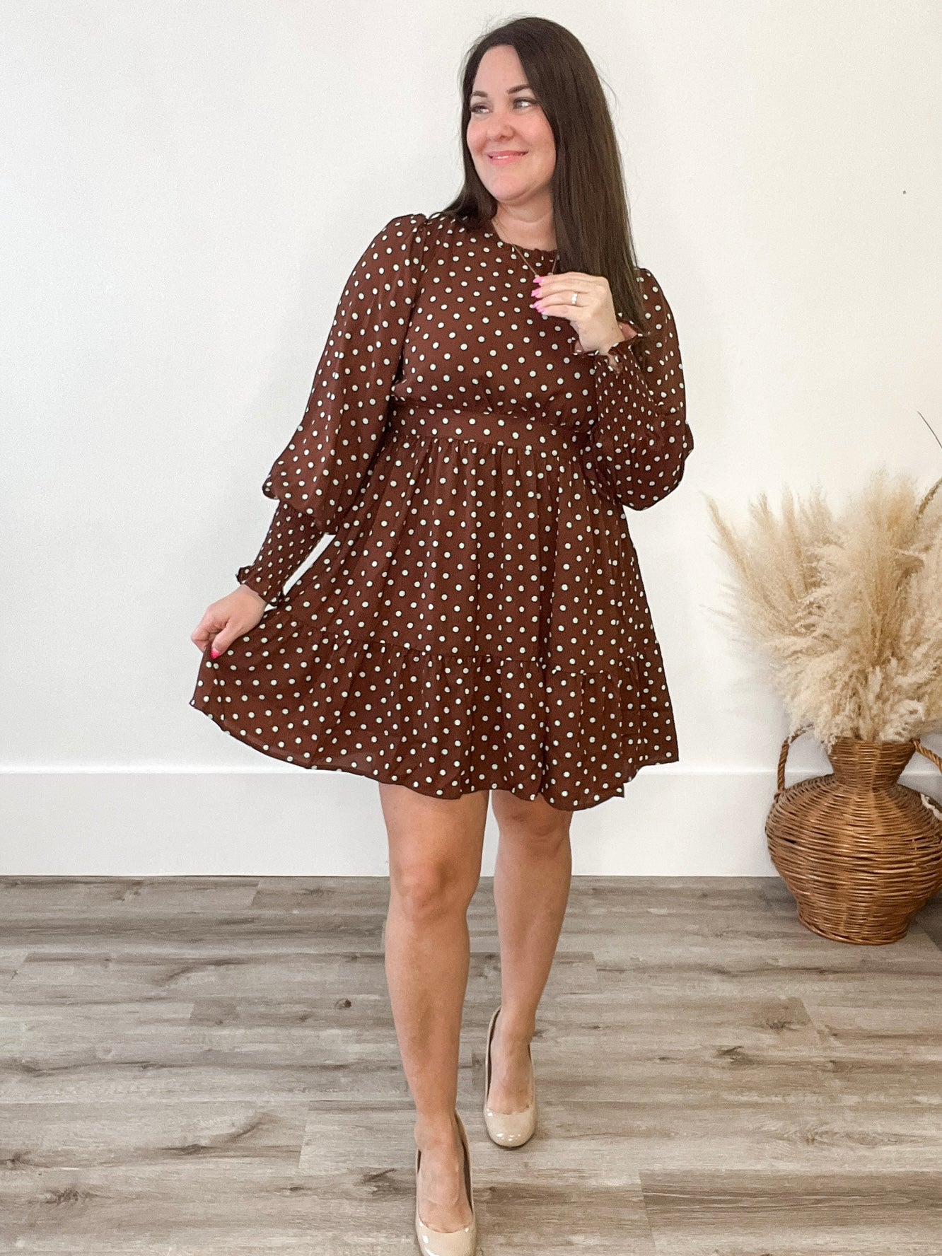 Polka Dot Ruffled Mini Dress - Brown-Special Occasion Dresses- Hometown Style HTS, women's in store and online boutique located in Ingersoll, Ontario