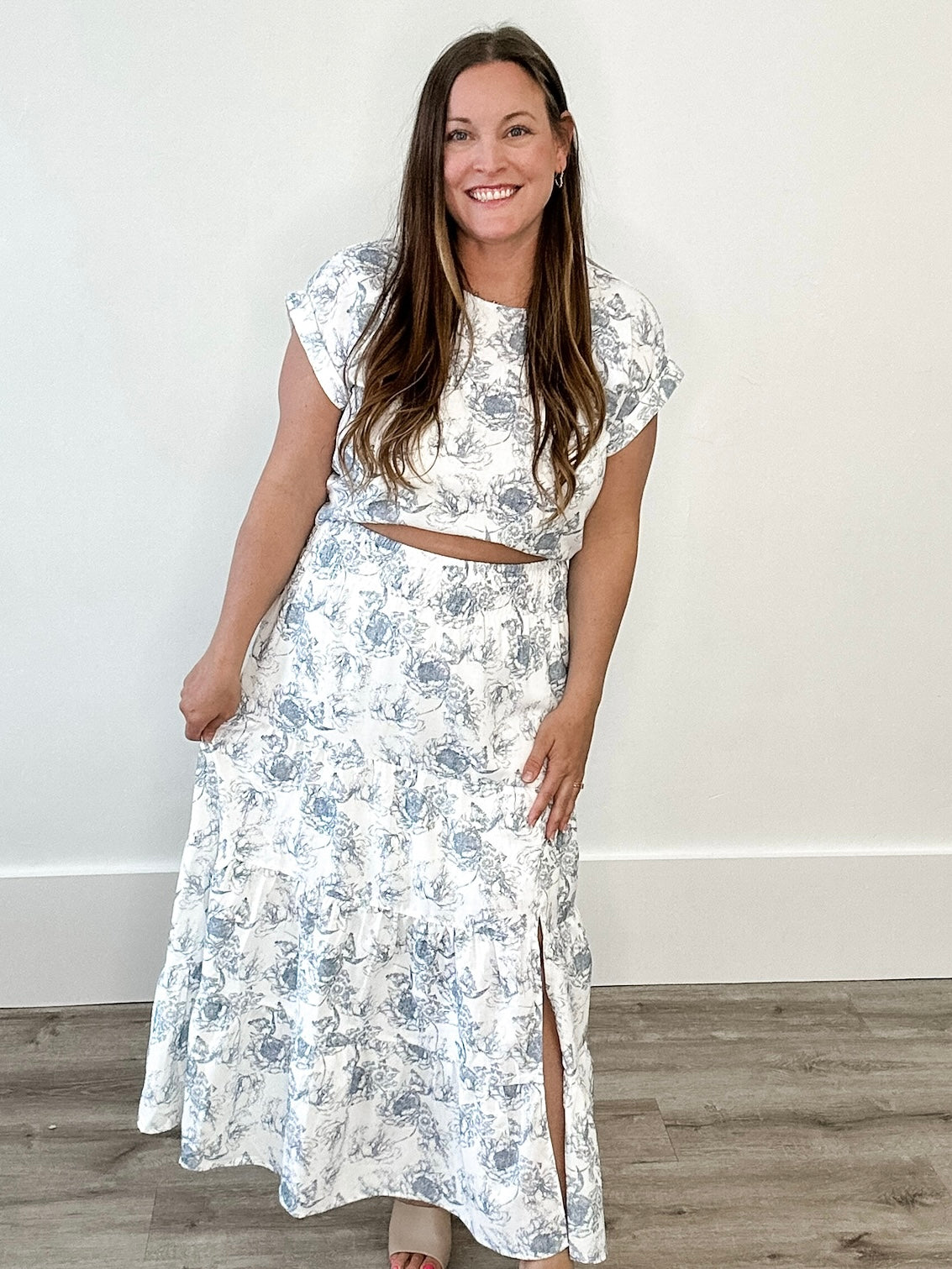 Floral Cuff Sleeve Top & Skirt Set - Blue- Hometown Style HTS, women's in store and online boutique located in Ingersoll, Ontario