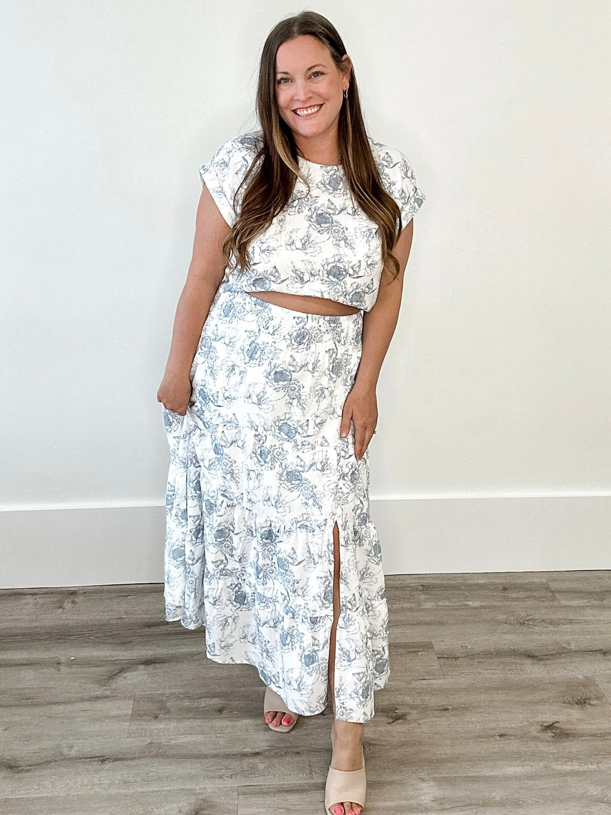 Floral Cuff Sleeve Top & Skirt Set - Blue- Hometown Style HTS, women's in store and online boutique located in Ingersoll, Ontario