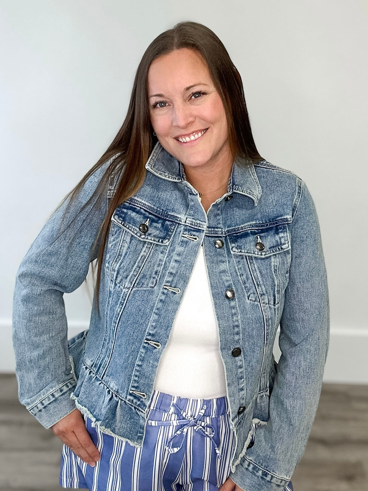 Ruffle Denim Jacket-jacket- Hometown Style HTS, women's in store and online boutique located in Ingersoll, Ontario