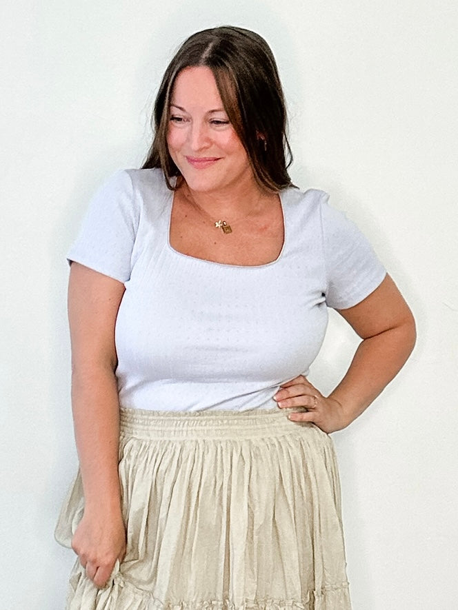 Pointelle Knit Top - Blue-Tops- Hometown Style HTS, women's in store and online boutique located in Ingersoll, Ontario