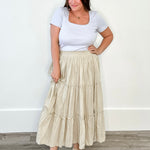 Tiered Crinkle Midi Skirt - Stone-skirt- Hometown Style HTS, women's in store and online boutique located in Ingersoll, Ontario