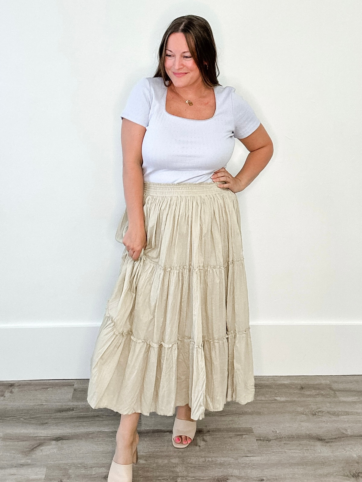 Tiered Crinkle Midi Skirt - Stone-skirt- Hometown Style HTS, women's in store and online boutique located in Ingersoll, Ontario
