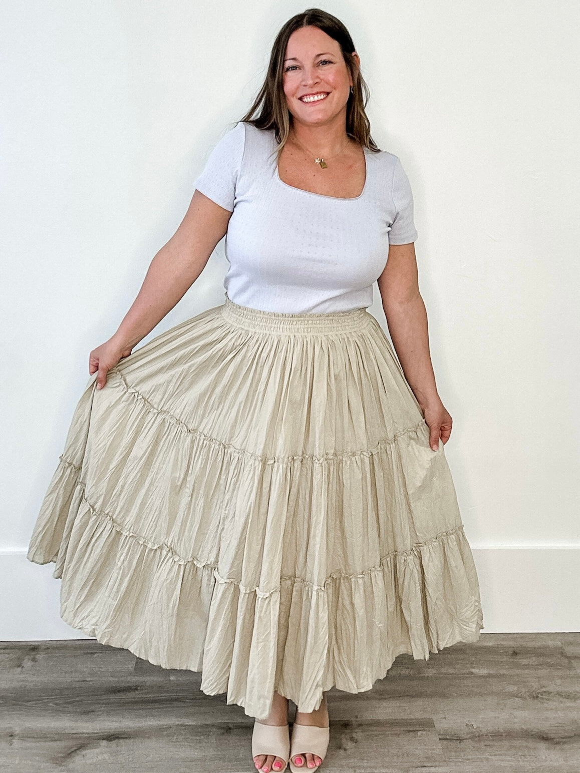Tiered Crinkle Midi Skirt - Stone-skirt- Hometown Style HTS, women's in store and online boutique located in Ingersoll, Ontario