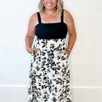 Floral Mixed Media Midi Dress - Black & Cream-Dress- Hometown Style HTS, women's in store and online boutique located in Ingersoll, Ontario