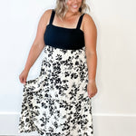 Floral Mixed Media Midi Dress - Black & Cream-Dress- Hometown Style HTS, women's in store and online boutique located in Ingersoll, Ontario