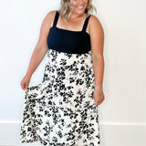 Floral Mixed Media Midi Dress - Black & Cream-Dress- Hometown Style HTS, women's in store and online boutique located in Ingersoll, Ontario