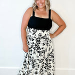 Floral Mixed Media Midi Dress - Black & Cream-Dress- Hometown Style HTS, women's in store and online boutique located in Ingersoll, Ontario