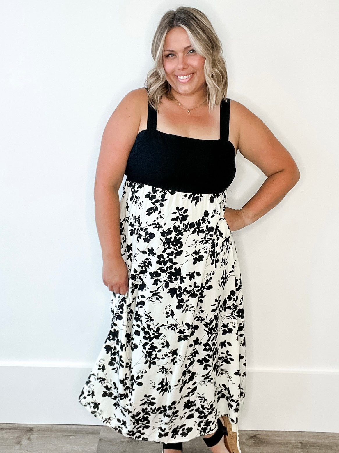 Floral Mixed Media Midi Dress - Black & Cream-Dress- Hometown Style HTS, women's in store and online boutique located in Ingersoll, Ontario