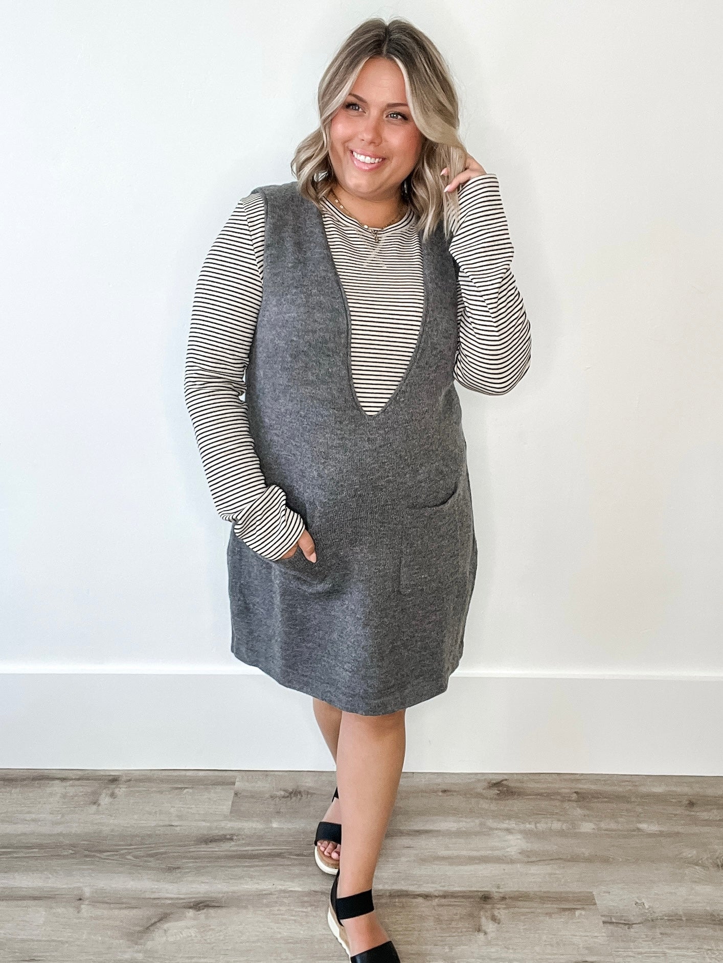 Brushed Knit Sweater Mini Dress - Charcoal-Dress- Hometown Style HTS, women's in store and online boutique located in Ingersoll, Ontario